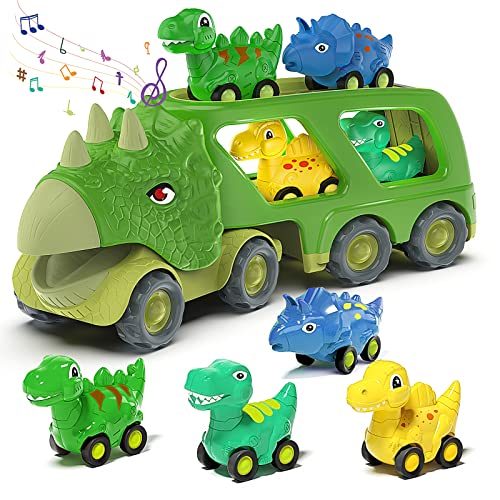 Veslier Dinosaur Car Toy for 3 4 5 Years Old Boys, Friction Power Carrier Truck with 4 Pack Small Pull Back Dino Car, Christmas Birthday Gift for 3+ Boy Girl Kids Toddlers