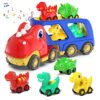 Veslier Toddler Car Toy for 2 3 4 5 Years Old, Dinosaur Transport Carrier Truck with 4 Pack Small Pull Back Dino Car, Friction Power Vehicle Christmas Birthday Gift for 18M+ Kids Boys Girls