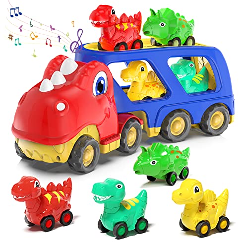 Veslier Toddler Car Toy for 2 3 4 5 Years Old, Dinosaur Transport Carrier Truck with 4 Pack Small Pull Back Dino Car, Friction Power Vehicle Christmas Birthday Gift for 18M+ Kids Boys Girls