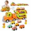 Veslier Toddler Toys for 2 3 4 5 Years Old Kids, Transport Car Carrier Truck Toy with 6 Vehicle, 30in Foldable Track Trailer with Light & Sound Effects, Birthday Gift for 18 Months to 5 Years Old Boys