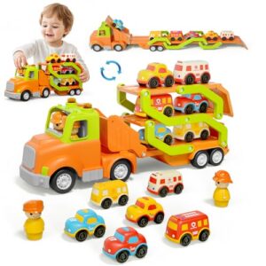 Veslier Toddler Toys for 2 3 4 5 Years Old Kids, Transport Car Carrier Truck Toy with 6 Vehicle, 30in Foldable Track Trailer with Light & Sound Effects, Birthday Gift for 18 Months to 5 Years Old Boys