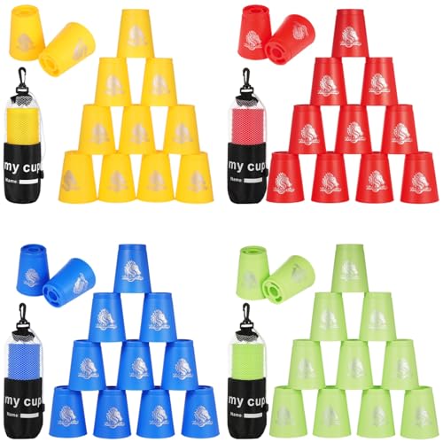 Vestamore 48 PCS Sport Stacking Cups with Horse Pattern, Plastic Stacking Cups, Speed Training Game for Challenge Competition, Classic Family Game for Youth and Adults, Red Blue Green Yellow