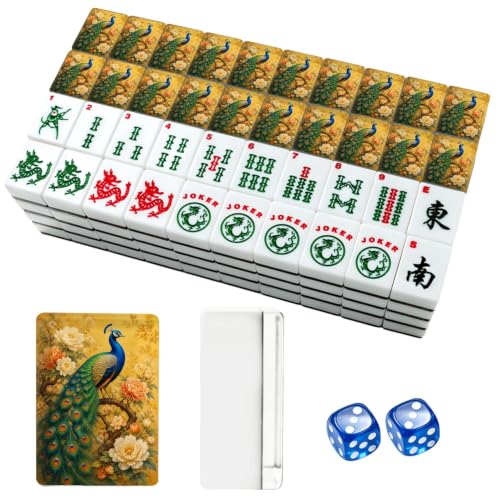 VETEB American Mahjong Tile Set Elegant Peacock Perched Amidst Vibrant Blossoms Golden Chinoiserie 166 Acrylic Mahjong Tiles 1.4" Large Mahjong Game Set with Bag and Accessories for Gift Travel Party