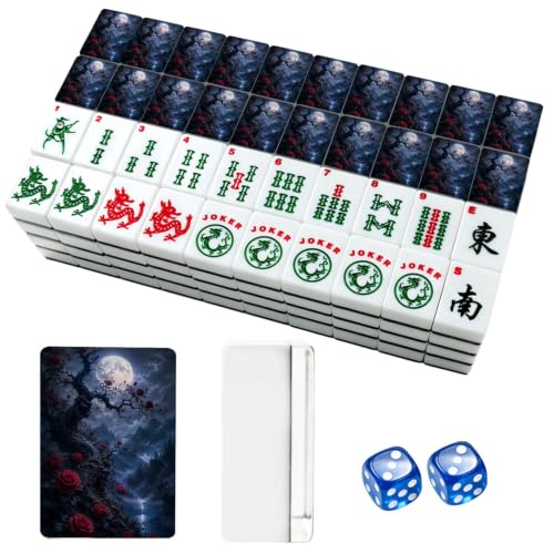 VETEB American Mahjong Tile Set Halloween Fantasy Night Twisted Tree Red Roses Full Moon Mystical 166 Acrylic Mahjong Tiles 1.4" Large Mahjong Game Set with Bag and Accessories for Gift Travel Party