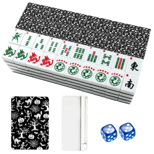 VETEB American Mahjong Tile Set Halloween Seamless Skeletons Pumpkins Bats Black Cats Webs Haunted 166 Acrylic Mahjong Tiles 1.4" Large Mahjong Game Set with Bag and Accessories for Gift Travel Party
