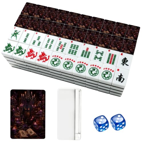 VETEB American Mahjong Tile Set Mystical Library Stacked Vintage Books Lit Purple Candles 166 Acrylic Mahjong Tiles 1.4" Large Mahjong Game Set with Bag and Accessories for Gift Travel Party