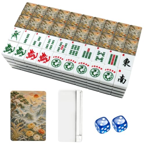 VETEB American Mahjong Tile Set White Birds Mountain Waterfall Peonies Pine Tree Golden Sunrise 166 Acrylic Mahjong Tiles 1.4" Large Mahjong Game Set with Bag and Accessories for Gift Travel Party