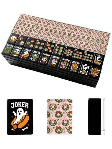 VETEB Halloween American Mahjong Tile Set Festive Christmas Wreath Bows Holiday Decorations 160 Acrylic Mahjong Tiles 1.4" Game Set with Bag & Accessories for Gift Travel Party (Skull)