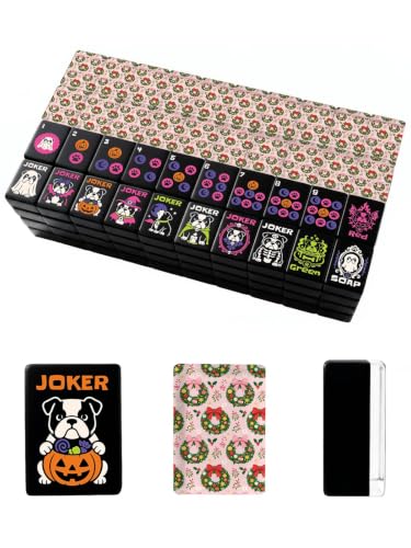 VETEB Halloween American Mahjong Tile Set Festive Christmas Wreath Bows Holiday Decorations 160 Acrylic Mahjong Tiles 1.4" Game Set with Bag & Accessories for Gift Travel Party (Puppy)