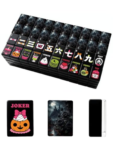 VETEB Halloween American Mahjong Tile Set Halloween Gothic Castle Black Roses Under Moonlight 160 Acrylic Mahjong Tiles 1.4" Game Set with Bag & Accessories for Gift Travel Party (Candy)