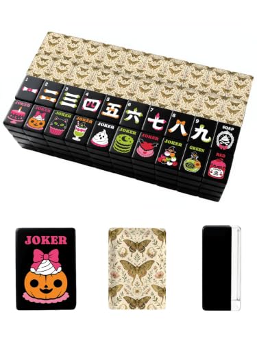 VETEB Halloween American Mahjong Tile Set Vintage Botanical Moths Flowers Crescent Moons Beige 160 Acrylic Mahjong Tiles 1.4" Game Set with Bag & Accessories for Gift Travel Party (Candy)