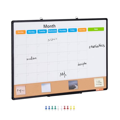 VEVOR 36"x 24" Monthly Calendar Whiteboard & Cork Board Combo with Aluminum Frame – 2-in-1 Magnetic Dry Erase Bulletin Board for Wall Mount – Ideal for School, Home, Office