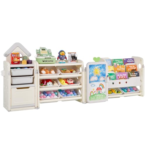 VEVOR Kids Toy Storage with Bookshelf, 4-Tier Large Toy Storage Organizer with 10 Plastic Movable Bins, Kids Cubby Cabinet with Bookshelf and Drawing Board for Study Room, Playroom, Classroom, Nursery