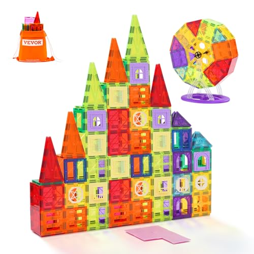 VEVOR Magnetic Tiles, 180 PCS Magnetic Building Blocks for Kids, Magnet Building Set with 2 Car Bases & Ferris Wheel Stand, STEM Educational Construction Stacking Toys for Toddlers Boys Girls Aged 3