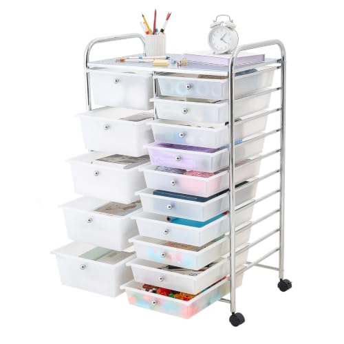 VEVOR Rolling Cart with Drawers, Double Row 15 Drawer Storage Organizer, Mobile Utility Cart with Chrome Steel Frame, Universal Casters & 2 Brakes, for Office, Classroom, Craft Room, Studio, Garage