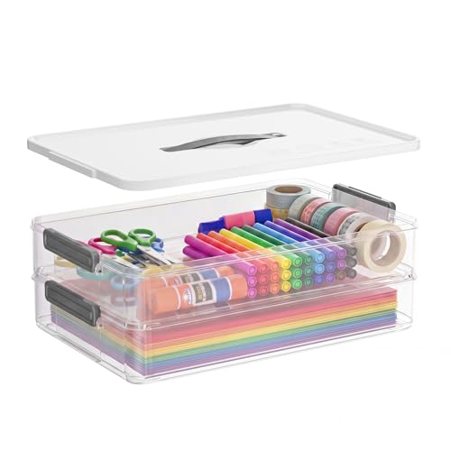 Veystor 2-Tier Plastic Storage Containers with Lid & Handle, Clear Stack & Carry Project Case with Latches, 5.5Qt Portable File Box Storage Bins for A4 Paper, Document, Scrapbook, Craft Art Supplies