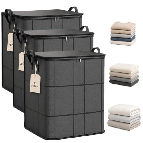 VEZENI Spacious Moving Storage Bin Blanket Storage Bags with Zipper and Handles Large Foldable Bedding Winter Clothes Quilts Comforter Sweaters Organizer Machine Washable Capacity Fabric
