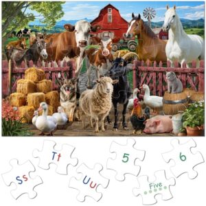 VGY Jumbo Floor Puzzle for Kids Ages 3-5,48 Piece Farm Animals with Alphabet & Numbers,Large Jigsaw Puzzle,Learning Educational Toys for Toddlers Ages 4-6,Big Floor Puzzle Gift for Boys Girls Ages 4-8