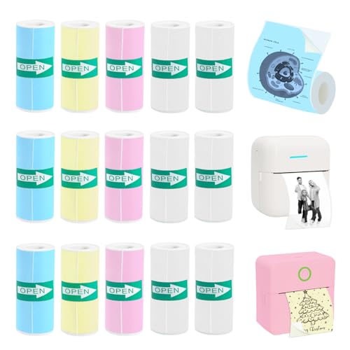 Vicbear 15 Rolls Thermal Sticker Paper for Mini Printer Sticker Maker, Including 9 Colored and 6 White Self-Adhesive Mini Printer Sticker Paper, 57 x 25 mm