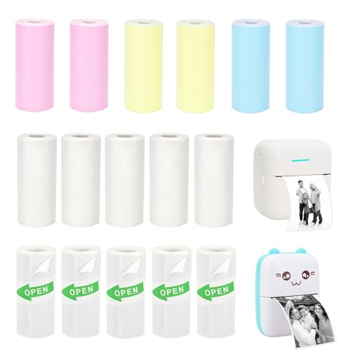 Vicbear 16 Rolls Mini Printer Paper, Including 5 White Sticker, 6 Colored Plain, and 5 White Plain Paper Rolls for Mini Thermal Printer, 57x25 mm, Compatible with Most Pocket Printers