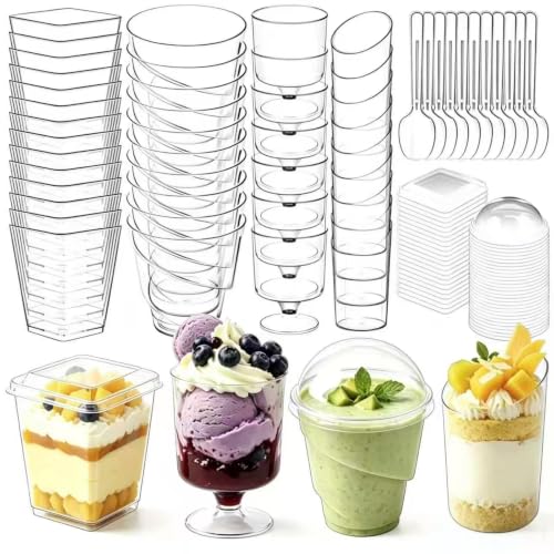 Vicguluc 400 Pcs 5oz Mini Dessert Cups with Lids and Spoons, Clear Plastic Parfait & Fruit Cups, Appetizer Shooter Cups & Ice Cream Containers for Yogurt, Jello, Mousse, Weddings, Parties & Picnics