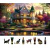 Victorian House Sunset 500 Piece Puzzle for Adults - Jigsaw Puzzles with Autumn Flowers & Scenic Landscape - Lakeside Cottage Challenging Puzzles for Adults & Seniors Gift (23"x15")
