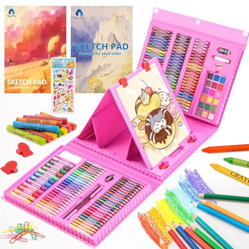 VigorFun Art Supplies, 240-Piece Drawing Art Kit, Gifts for Kids Girls Boys Teens, Art Set Crafts Case with Double Sided Trifold Easel, Includes Sketch Pads, Crayons, Colored Pencils (Pink)