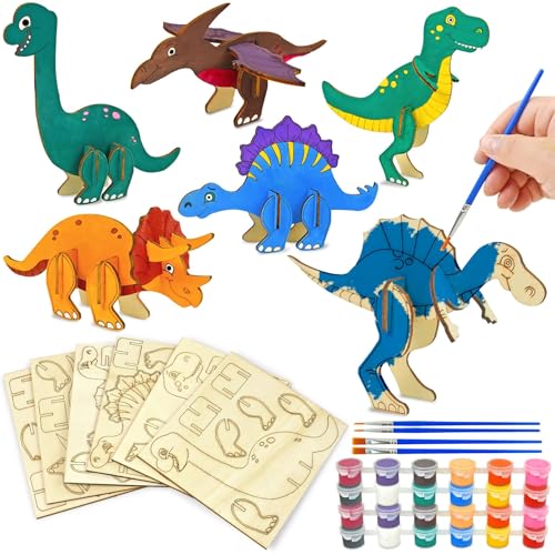 Vileafy Wooden Dinosaur Crafts for Kids Ages 4-8, 3D DIY Painting Kit with 6 Dinosaurs Toys, Brushes & Paint -Arts and Crafts - Preschool Activity and Gift for Boys and Girls