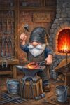 Village Blacksmith Gnome Wooden Jigsaw Puzzle 500 Pieces for Adults Anvil Horseshoe Hammer and Furnace Fire Rustic Fantasy Workshop Puzzle Gift for Fantasy Decor Lovers Home Decor