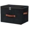 VinneGenzz Storage Bins with Zipper Lid Velvet Fabric Storage Boxes Lidded Baskets Foldable Washable Decorative Closet Shelf Clothes Organizer Container with PU Leather Handles (Black, Large)