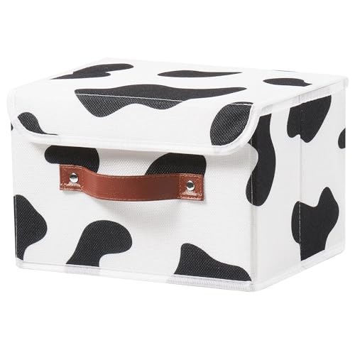 VinneGenzz Storage Bin with Lid Cow Print Cute Fabric Storage Basket Box with Faux Leather Handles PP Plastic Board Foldable Washable Lidded Cotton Linen Closet Shelf Organizer Container (Small Size)