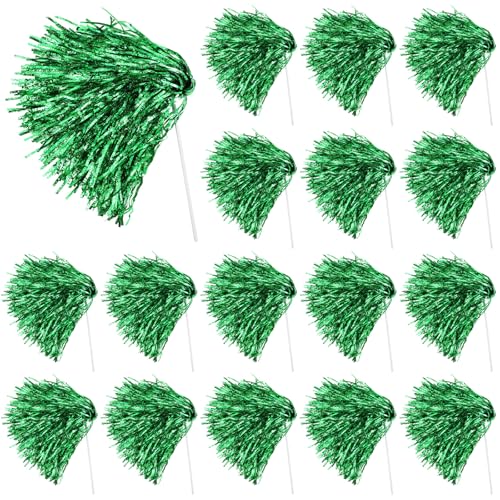 Vinsot 20 Pcs Green Cheerleading Pom Poms Bulk Metallic Foil Pom Poms with Plastic Long Handles School Spirit Shakers for Spirit Sports Team Squad Dance Football Basketball Club Celebration