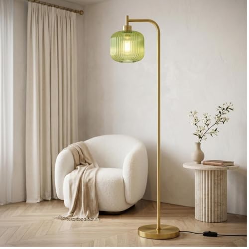 Vintage Brass Floor Lamp with Green Glass Shade, Adjustable Standing Reading Light with 8W LED Bulb 2700K Warm Light, Stable Anti-Tip Base for Living Room Bedroom Office (Transparent)