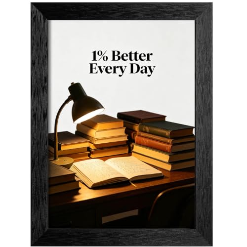 Vintage Desk Lamp Stacked Old Books Open Notebook 1% Better Every Day Framed Canvas Wall Art Warm Study Motivational Print Decor for Library Bedroom Office 16X24 in Vintage Black Framed