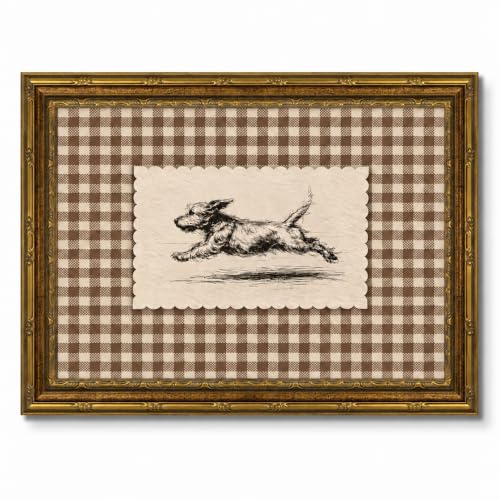 Vintage Gold Framed Wall Art Running Terrier Dog Wall Decor Rustic Pet Sketch Art Whimsical Animal Pictures Plaid Background Dog Paintings Farmhouse Prints for Livingroom Bedroom Office 16x24in