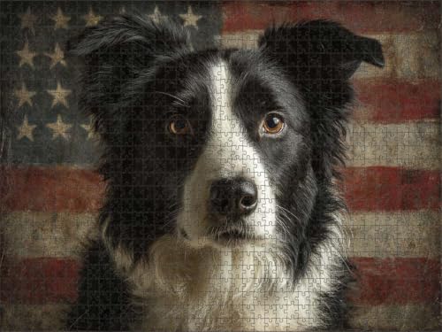 Vintage Oil Painting Border Collie Dog Portrait American Flag Wooden Jigsaw Puzzle 1000 Pieces for Adults Patriotic Pet Animal Face Stars Stripes Art Family Game Night Gift Dog Lovers Veterans Day