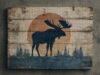Vintage Rustic Moose Silhouette Distressed Wood Panel Forest Sunset Wooden Jigsaw Puzzle 500 Pieces for Adults Orange Moon Pine Trees Cabin Decor Family Game Night Gift Hunters Outdoor Lovers