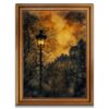 Vintage Street Lamp Misty Cityscape Framed Canvas Print Gothic Wall Art