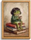 Vintage Wood Framed Whimsical Frog Canvas Wall Art,Eclectic Frog Wall Decor