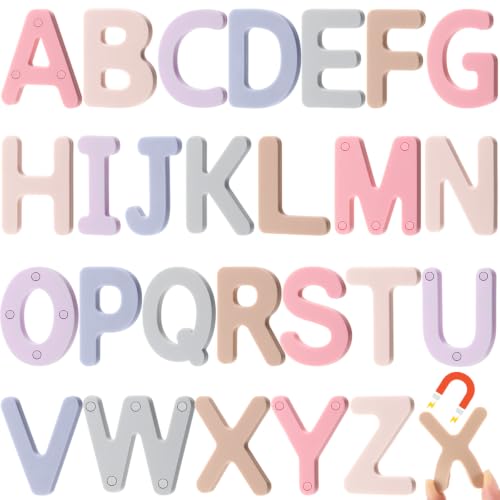 VioraWhite 26 Pcs Food Grade Silicone Magnetic Letters (Sealed Magnet, CPC Certified) Toddler Fridge Bulk ABC Educational Learning Toy for Baby Kid Girl Boy Gift(Aesthetic Color,Letter)
