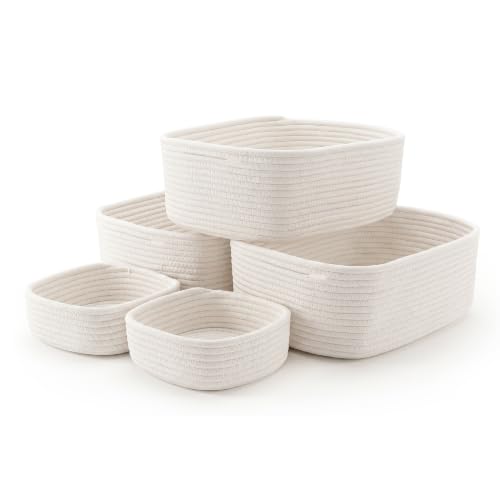 VIRETH HAUS 5-Pack Large Woven Rope Storage Baskets – 2 Sizes Organizer Bins for Closet, Shelf, Bookshelf, Nursery, Changing Table, Fabric Cube Boxes, Rectangular Shallow Bins for Bathroom, Toy & Home
