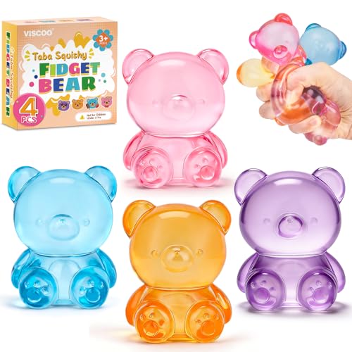 VISCOO 4 Pack Stress Bear Squishy Ball, Sugar Filled Gummy Bear Toys, Taba Squishy Toys for Kids Stress Relief, Slow Rising Stress Balls for Calming - Soft Squeeze Balls Party Favors Birthday Gifts
