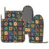 VJSEULAF Colorful Flowers Oven Mitts and Pan Racks, Silicone Non-Slip Moroccan Tiles Floral Kitchen Gloves Hot Pads, Heat Resistant Boho Vintage Floral Kitchen Mittens Pot Holders for Baking Cooking