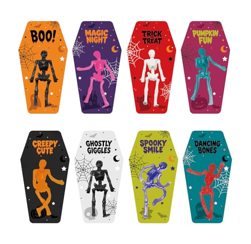 VKTEN 32 Pack Halloween Party Favors - 8 Styles TPR Stretchy Skeleton Toys with Tombstone Cards, Halloween Goodie Bag Stuffers, Trick or Treat Bag Fillers, Classroom Prizes, Pinata Stuffers for Kids