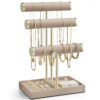 VLANDO 3 Tier Bracelet Holder Organizer with Tray - Leather Jewelry Stand Organizer for Women - Jewelry Holder Display for Necklace, Watches, Rings, Earrings, Bangle, Scrunchie - Toffee