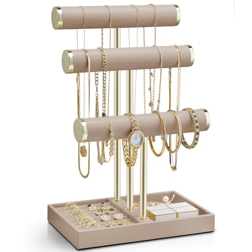 VLANDO 3 Tier Bracelet Holder Organizer with Tray - Leather Jewelry Stand Organizer for Women - Jewelry Holder Display for Necklace, Watches, Rings, Earrings, Bangle, Scrunchie - Toffee