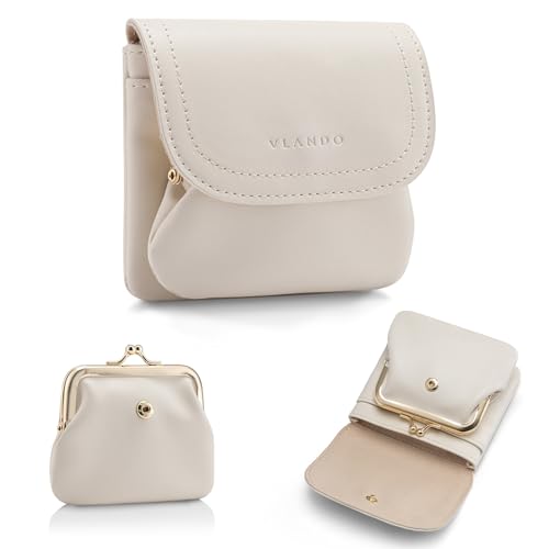 VLANDO Small Travel Jewelry Case, 2-in-1 Detachable Jewelry Organizer Travel with KISS LOCK, Portable Mini Jewelry Pouch for Rings Necklaces Earrings, Gifts for Women Travelers - Cream White