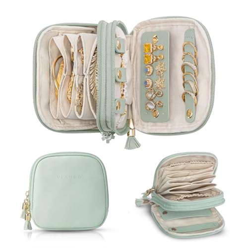 VLANDO Travel Jewelry Case,2-Layer Jewelry Organizer for Travel,Gifts for Women,Travel Essentials,Multi-Compartment Jewelry Storage for Rings Earrings Necklaces Bracelets - Light Green