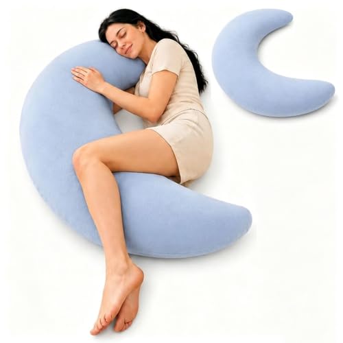vlrbfl Moon Shaped Body Pillow, Large C Shaped Body Pillow for Side Sleeper, Giant Moon Sleep Spoon, Ultra Soft Supportive Hugging Pillows for Sleeping, Bed Reading and Lounging (Blue)