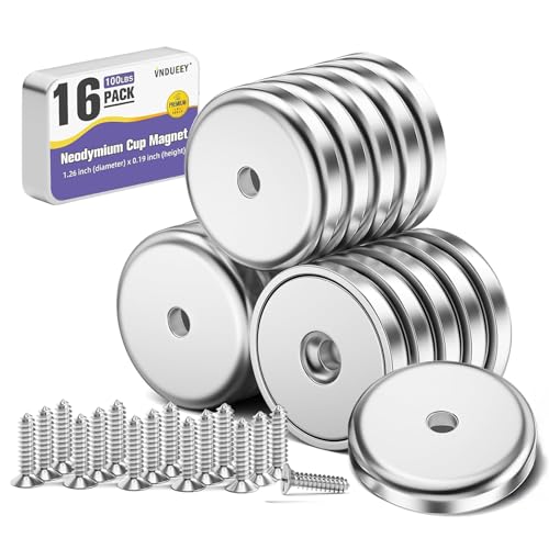 VNDUEEY 16 Pack 100LBS Magnets with Holes Strong Rare Earth Magnets Neodymium Cup Magnet with Stainless Screws for Wall Mounting Round Magnet for Holding Tools Kitchen Office Cabinet Door DIY Craft